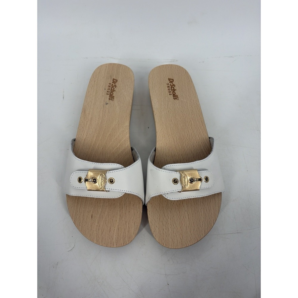 Dr. Scholl's Original Pescura Sandal White Wooden Buckle Clog Italy Sz 10 / 41
